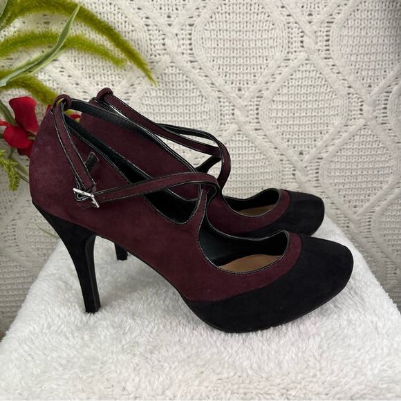JUSTFAB Plum Black Color Block PHILPA Criss Cross Strap Stiletto Heel Pumps 10M - Picture 4 of 14
